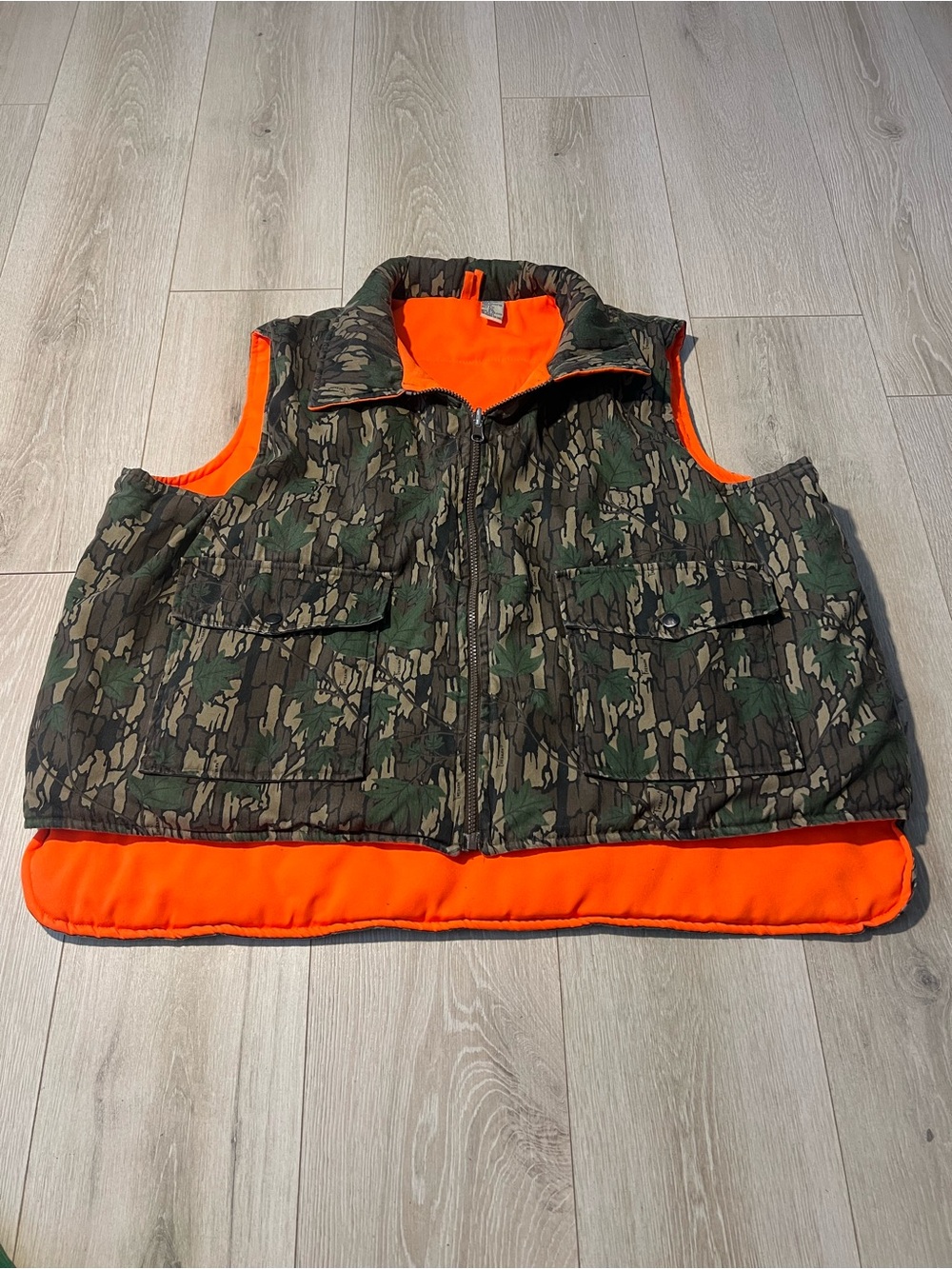 Reversible Camouflage Puffer Vest with Orange Lining